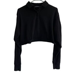 Brandy Melville Black Cropped Long Sleeve Collared Top, One Size